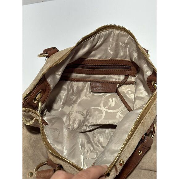 Michael Kors Altor Beige Brown Suede Leather Trim Studded Large Shoulder Bag - Picture 12 of 14